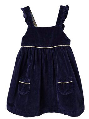 Boden Christmas Velvet Jumper Dress 6 9 12 month Baby Ruffle Strap POCKETS Blue